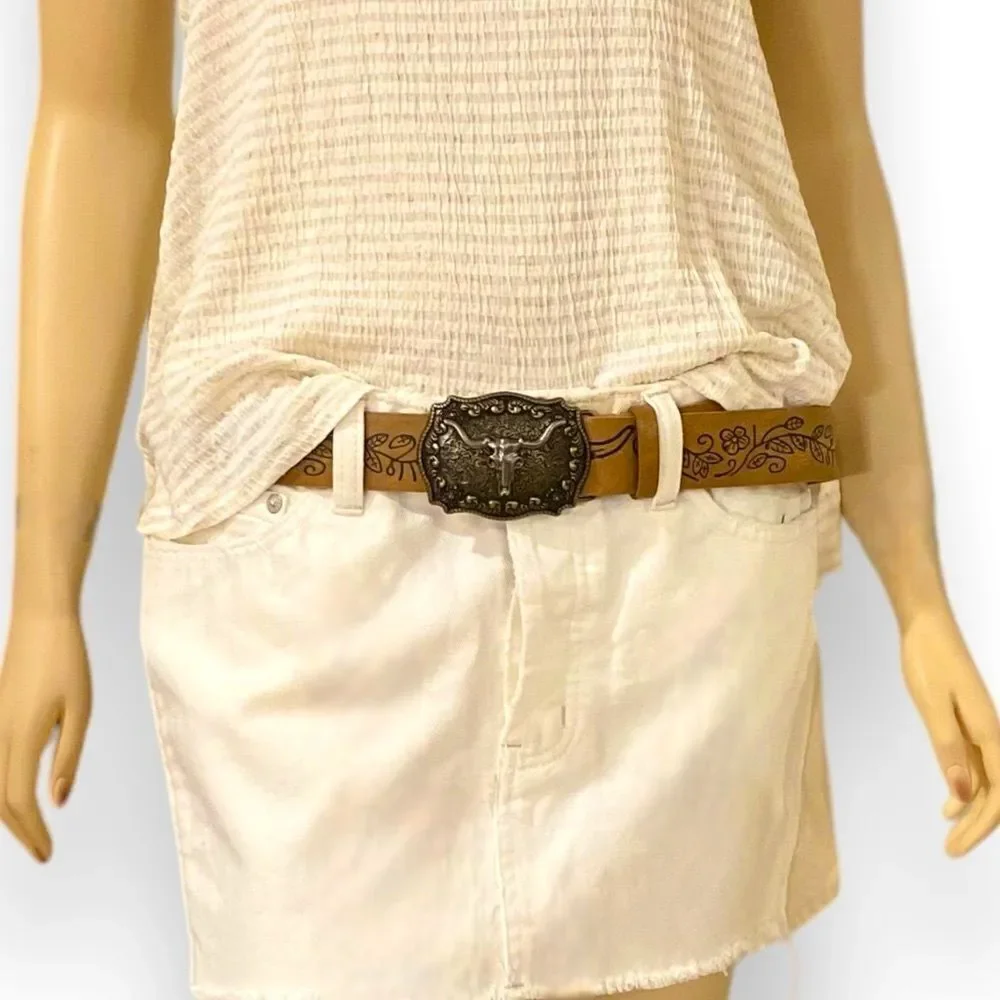 Western Brown Floral Leather Antique Gold Silver Cow Skull Belt NWT